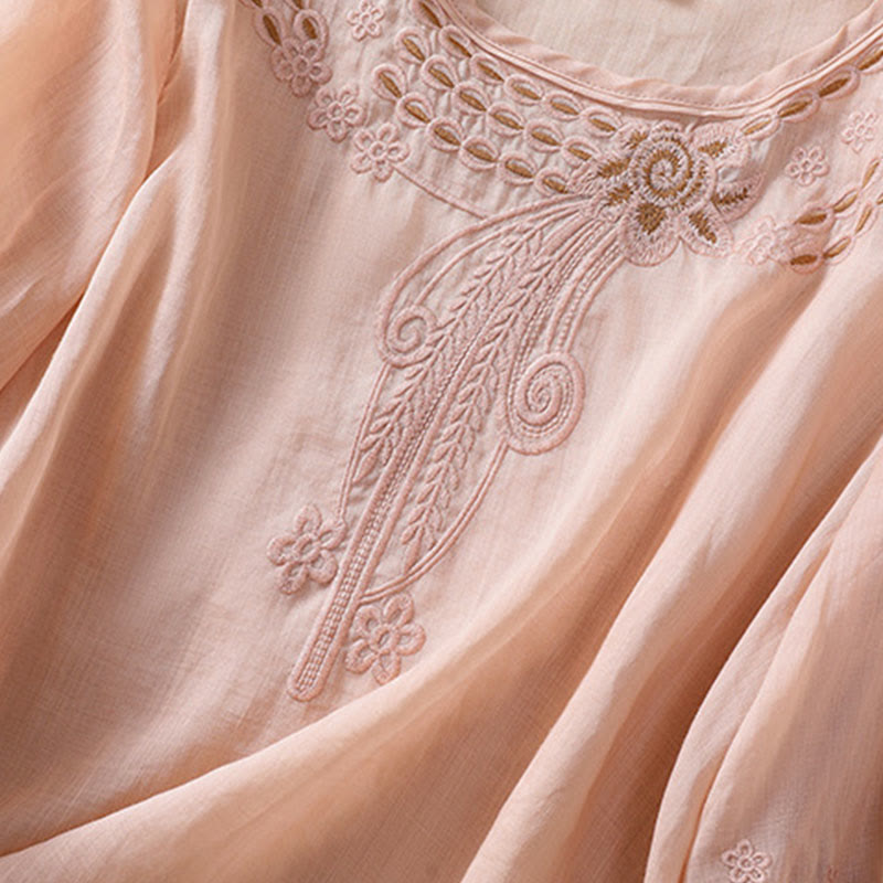 Buddha Stones Artistic Plain Floral Embroidered Design Crew Neck Puff Half Sleeve Cotton Linen Women's T-Shirt - image 6