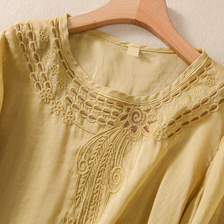 Buddha Stones Artistic Plain Floral Embroidered Design Crew Neck Puff Half Sleeve Cotton Linen Women's T-Shirt - image 14