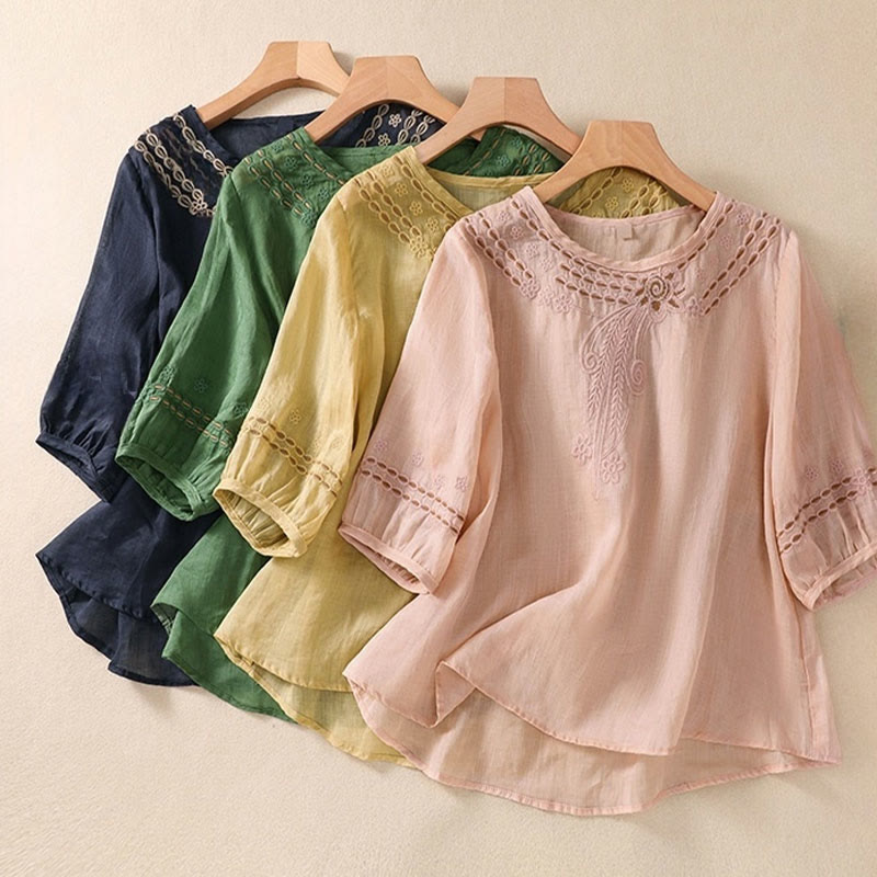 Buddha Stones Artistic Plain Floral Embroidered Design Crew Neck Puff Half Sleeve Cotton Linen Women's T-Shirt - image 25