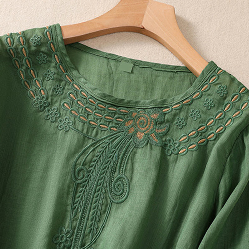 Buddha Stones Artistic Plain Floral Embroidered Design Crew Neck Puff Half Sleeve Cotton Linen Women's T-Shirt - image 20