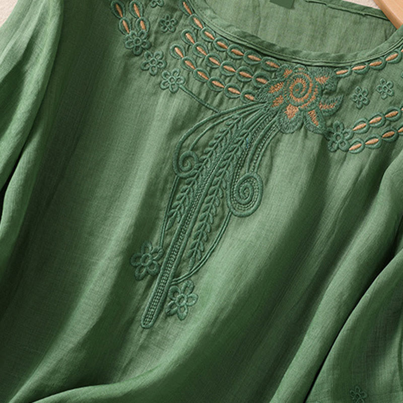 Buddha Stones Artistic Plain Floral Embroidered Design Crew Neck Puff Half Sleeve Cotton Linen Women's T-Shirt - image 22