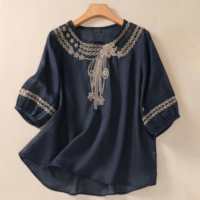 Buddha Stones Artistic Plain Floral Embroidered Design Crew Neck Puff Half Sleeve Cotton Linen Women's T-Shirt - DarkSlateBlue - US8-10,UK/AU12-14,EU40-42 (2XL) - image 0
