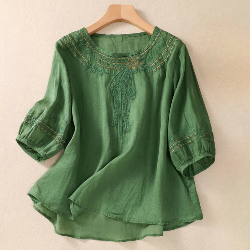 Buddha Stones Artistic Plain Floral Embroidered Design Crew Neck Puff Half Sleeve Cotton Linen Women's T-Shirt - SeaGreen - US8-10,UK/AU12-14,EU40-42 (2XL) - image 19
