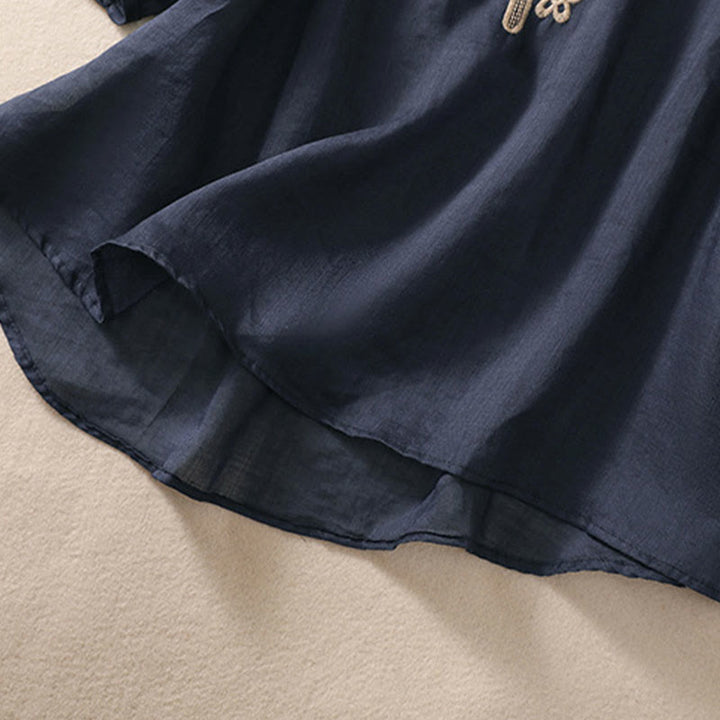 Buddha Stones Artistic Plain Floral Embroidered Design Crew Neck Puff Half Sleeve Cotton Linen Women's T-Shirt - image 4