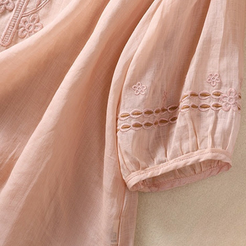 Buddha Stones Artistic Plain Floral Embroidered Design Crew Neck Puff Half Sleeve Cotton Linen Women's T-Shirt - image 9