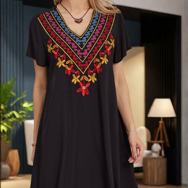 Buddha Stones Black Summer Casual Bohemian Embroidery Geometric Pattern Short Sleeve V-Neck Cotton Midi Dress - image 9