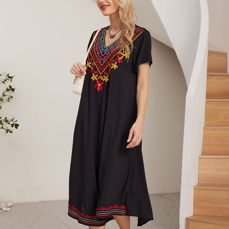Buddha Stones Black Summer Casual Bohemian Embroidery Geometric Pattern Short Sleeve V-Neck Cotton Midi Dress - image 4