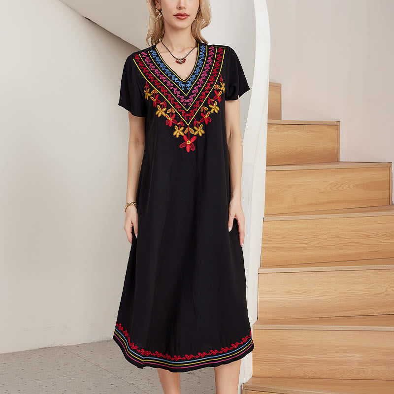 Buddha Stones Black Summer Casual Bohemian Embroidery Geometric Pattern Short Sleeve V-Neck Cotton Midi Dress - image 1
