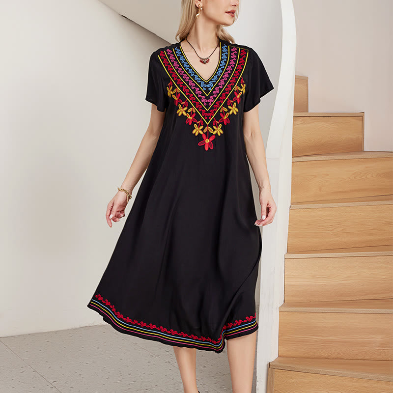 Buddha Stones Black Summer Casual Bohemian Embroidery Geometric Pattern Short Sleeve V-Neck Cotton Midi Dress - Black - US8-10,UK/AU12-14,EU40-42 (2XL) - image 0