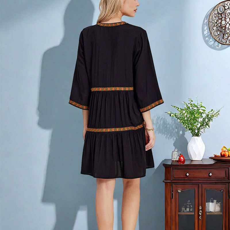 Buddha Stones Black Loose Bohemian Embroidery Floral Geometric Pattern Three Quarter Sleeve Cotton Midi Dress - image 3