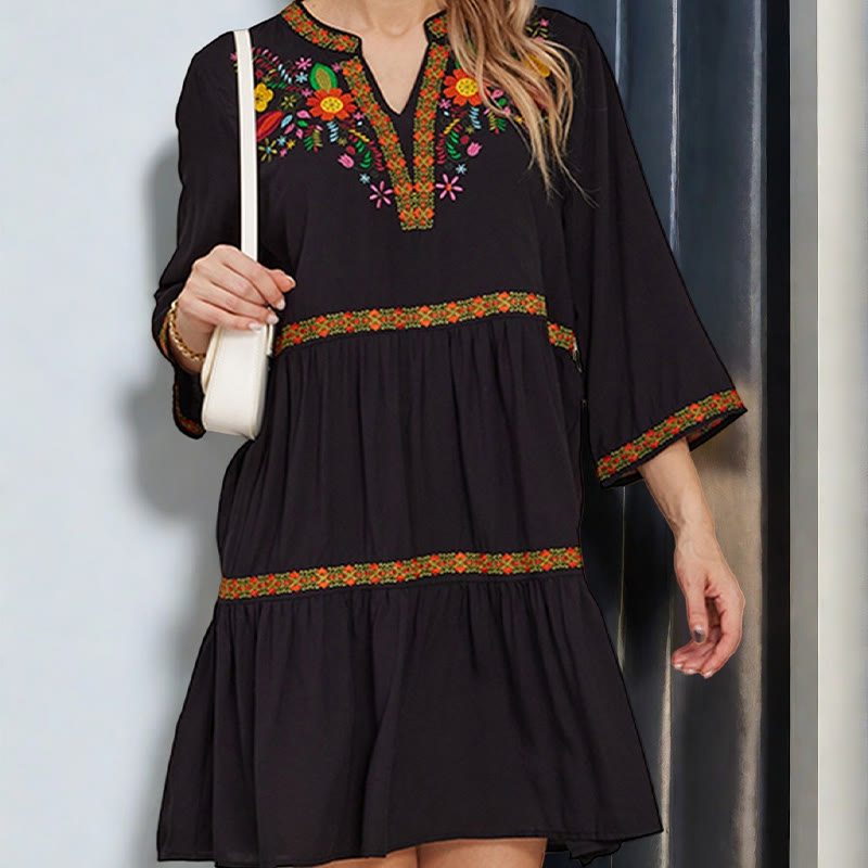 Buddha Stones Black Loose Bohemian Embroidery Floral Geometric Pattern Three Quarter Sleeve Cotton Midi Dress - image 7
