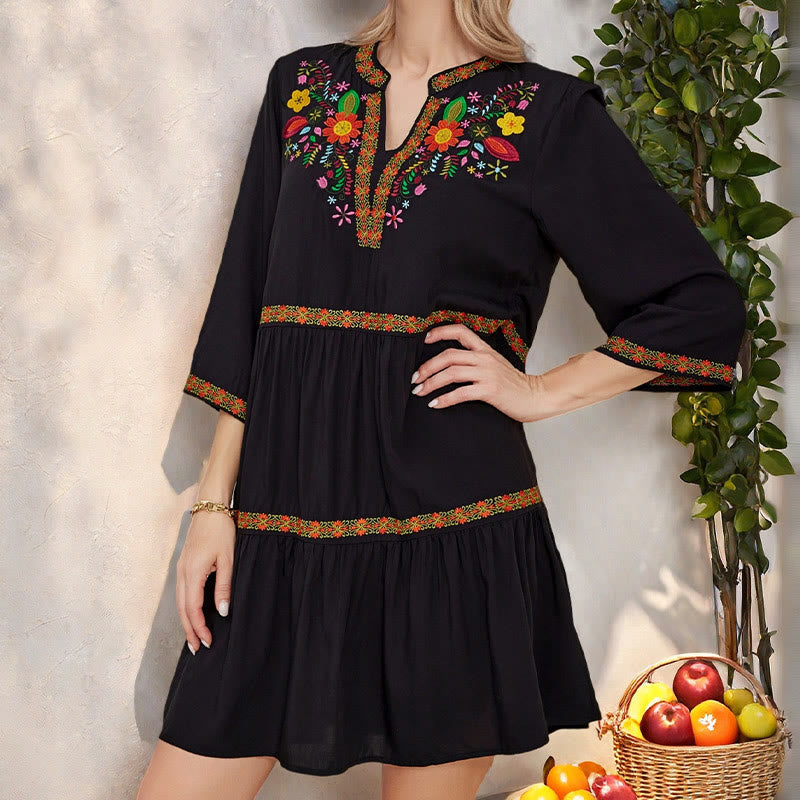 Buddha Stones Black Loose Bohemian Embroidery Floral Geometric Pattern Three Quarter Sleeve Cotton Midi Dress - image 8