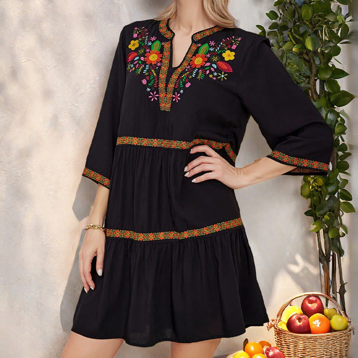Buddha Stones Black Loose Bohemian Embroidery Floral Geometric Pattern Three Quarter Sleeve Cotton Midi Dress - image 8