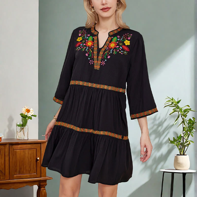Buddha Stones Black Loose Bohemian Embroidery Floral Geometric Pattern Three Quarter Sleeve Cotton Midi Dress - Black - US8-10,UK/AU12-14,EU40-42 (2XL) - image 0