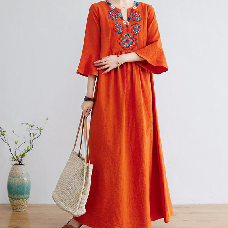 Buddha Stones Loose Plain Ethnic Embroidery Floral Pattern Three Quarter Sleeve Cotton Linen Maxi Dress - image 11