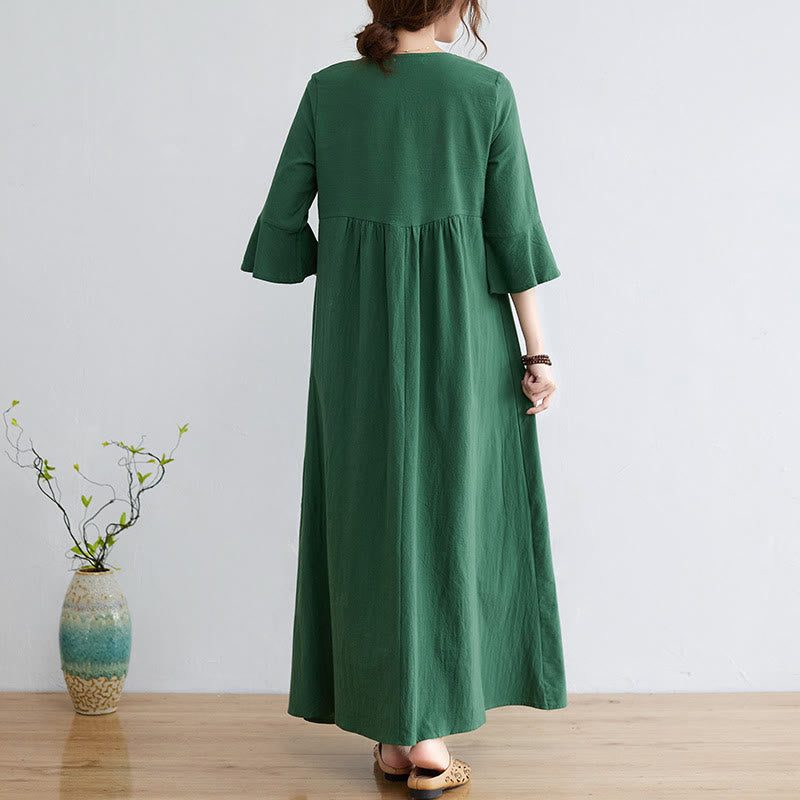 Buddha Stones Loose Plain Ethnic Embroidery Floral Pattern Three Quarter Sleeve Cotton Linen Maxi Dress - image 17