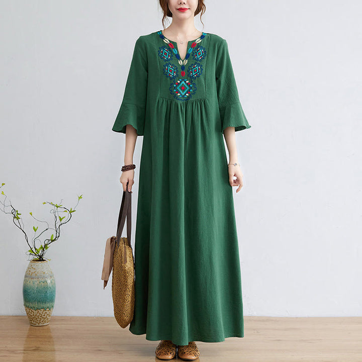 Buddha Stones Loose Plain Ethnic Embroidery Floral Pattern Three Quarter Sleeve Cotton Linen Maxi Dress - SeaGreen - US8-10,UK/AU12-14,EU40-42 (2XL) - image 15