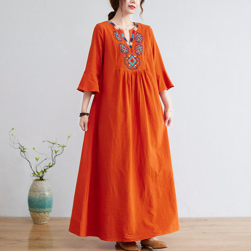 Buddha Stones Loose Plain Ethnic Embroidery Floral Pattern Three Quarter Sleeve Cotton Linen Maxi Dress - OrangeRed - US8-10,UK/AU12-14,EU40-42 (2XL) - image 9
