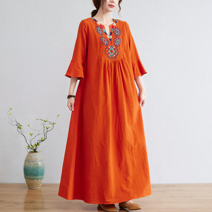 Buddha Stones Loose Plain Ethnic Embroidery Floral Pattern Three Quarter Sleeve Cotton Linen Maxi Dress - OrangeRed - US8-10,UK/AU12-14,EU40-42 (2XL) - image 9