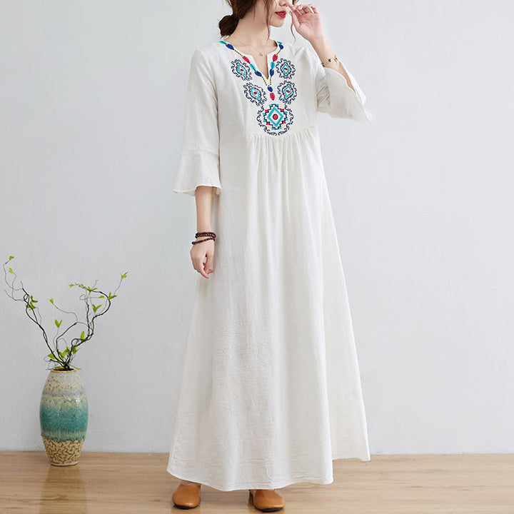 Buddha Stones Loose Plain Ethnic Embroidery Floral Pattern Three Quarter Sleeve Cotton Linen Maxi Dress - FloralWhite - US8-10,UK/AU12-14,EU40-42 (2XL) - image 0