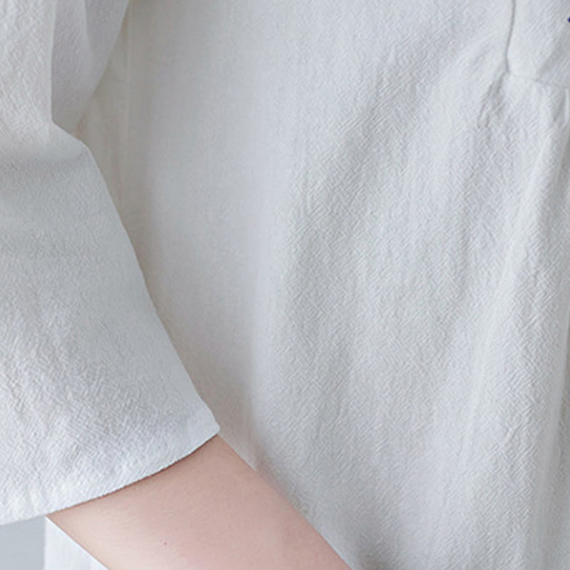 Buddha Stones Casual Bohemia Embroidery Floral Simple Design Three Quarter Sleeve V-Neck Cotton Linen Maxi Dress - image 9