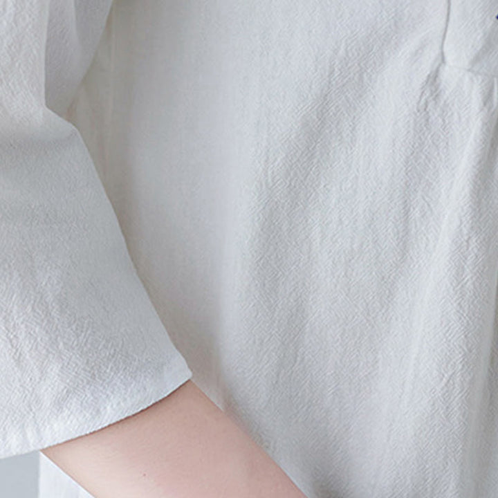 Buddha Stones Casual Bohemia Embroidery Floral Simple Design Three Quarter Sleeve V-Neck Cotton Linen Maxi Dress - image 9