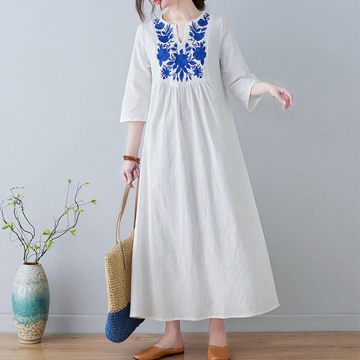 Buddha Stones Casual Bohemia Embroidery Floral Simple Design Three Quarter Sleeve V-Neck Cotton Linen Maxi Dress - image 6