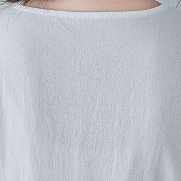 Buddha Stones Casual Bohemia Embroidery Floral Simple Design Three Quarter Sleeve V-Neck Cotton Linen Maxi Dress - image 10