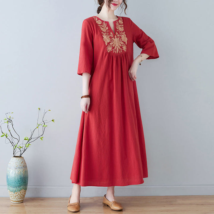 Buddha Stones Casual Bohemia Embroidery Floral Simple Design Three Quarter Sleeve V-Neck Cotton Linen Maxi Dress - OrangeRed - US8-10,UK/AU12-14,EU40-42 (2XL) - image 12