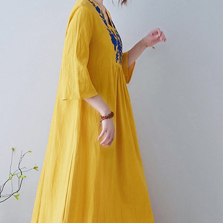 Buddha Stones Casual Bohemia Embroidery Floral Simple Design Three Quarter Sleeve V-Neck Cotton Linen Maxi Dress - image 4