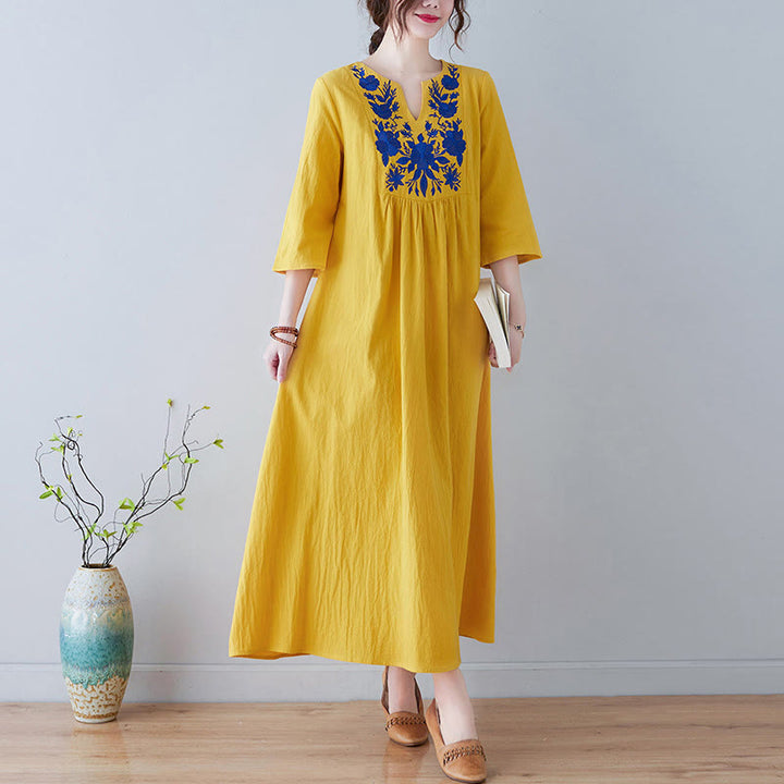 Buddha Stones Casual Bohemia Embroidery Floral Simple Design Three Quarter Sleeve V-Neck Cotton Linen Maxi Dress - Gold - US8-10,UK/AU12-14,EU40-42 (2XL) - image 0