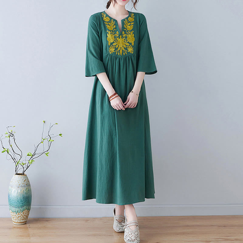 Buddha Stones Casual Bohemia Embroidery Floral Simple Design Three Quarter Sleeve V-Neck Cotton Linen Maxi Dress - image 19