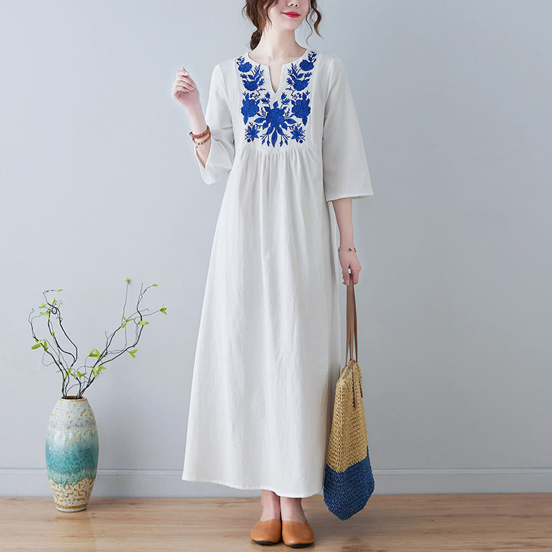 Buddha Stones Casual Bohemia Embroidery Floral Simple Design Three Quarter Sleeve V-Neck Cotton Linen Maxi Dress - FloralWhite - US8-10,UK/AU12-14,EU40-42 (2XL) - image 5