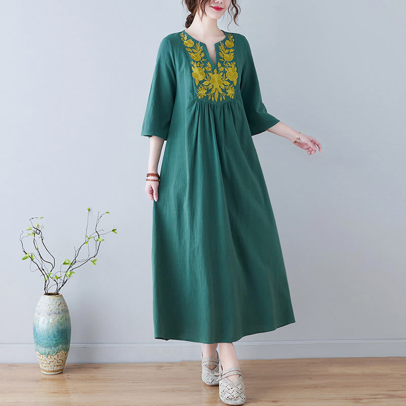 Buddha Stones Casual Bohemia Embroidery Floral Simple Design Three Quarter Sleeve V-Neck Cotton Linen Maxi Dress - Green - US8-10,UK/AU12-14,EU40-42 (2XL) - image 18
