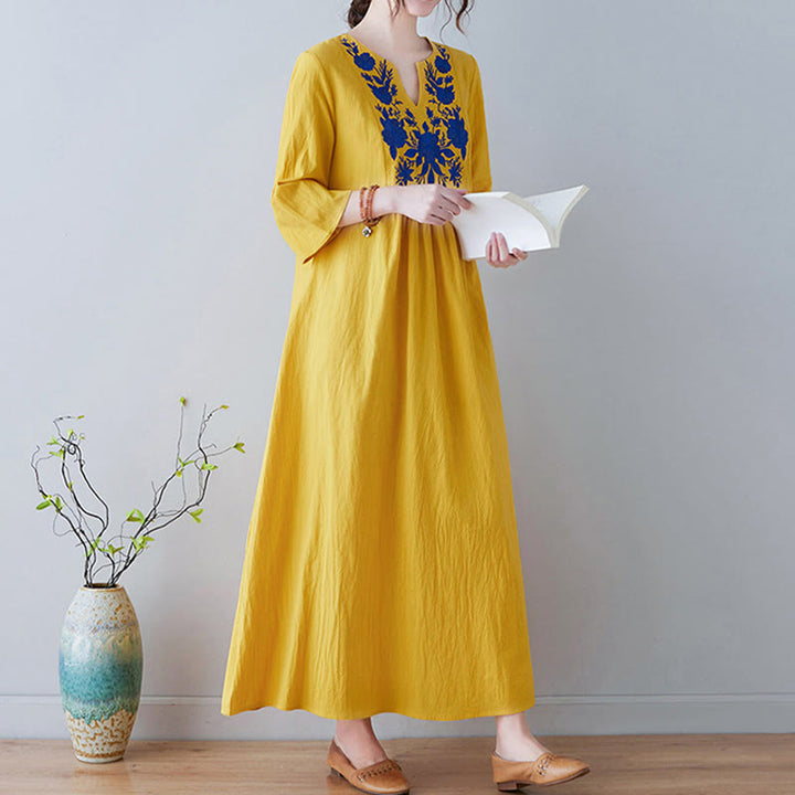 Buddha Stones Casual Bohemia Embroidery Floral Simple Design Three Quarter Sleeve V-Neck Cotton Linen Maxi Dress - image 2