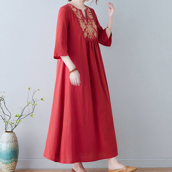 Buddha Stones Casual Bohemia Embroidery Floral Simple Design Three Quarter Sleeve V-Neck Cotton Linen Maxi Dress - image 13
