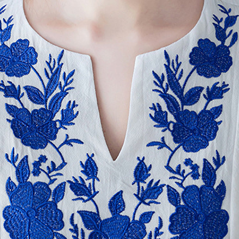 Buddha Stones Casual Bohemia Embroidery Floral Simple Design Three Quarter Sleeve V-Neck Cotton Linen Maxi Dress - image 8