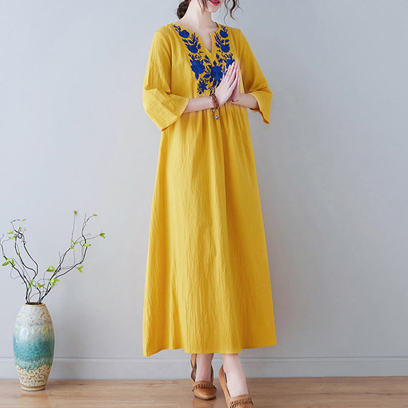Buddha Stones Casual Bohemia Embroidery Floral Simple Design Three Quarter Sleeve V-Neck Cotton Linen Maxi Dress - image 1