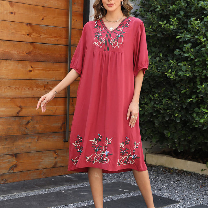 Buddha Stones Indianred Retro Ethnic Embroidery Long Lantern Sleeve Cotton Midi Dress - Indianred - US12,UK/AU16,EU44 (3XL) - image 0