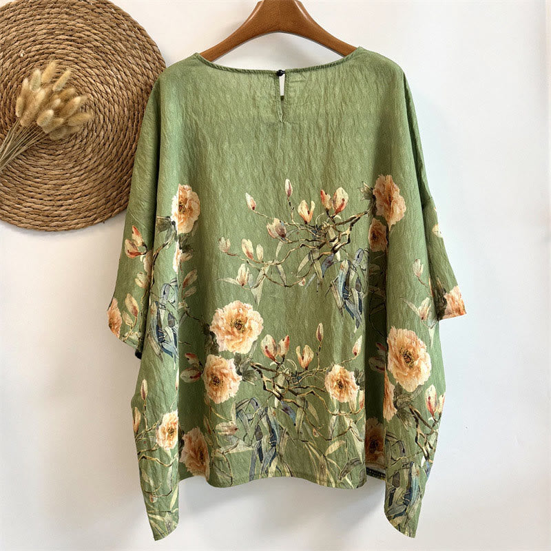 Buddha Stones Casual Loose Print Petals Women's Crew Neck Design Half Sleeve Polyester T-shirt - image 1
