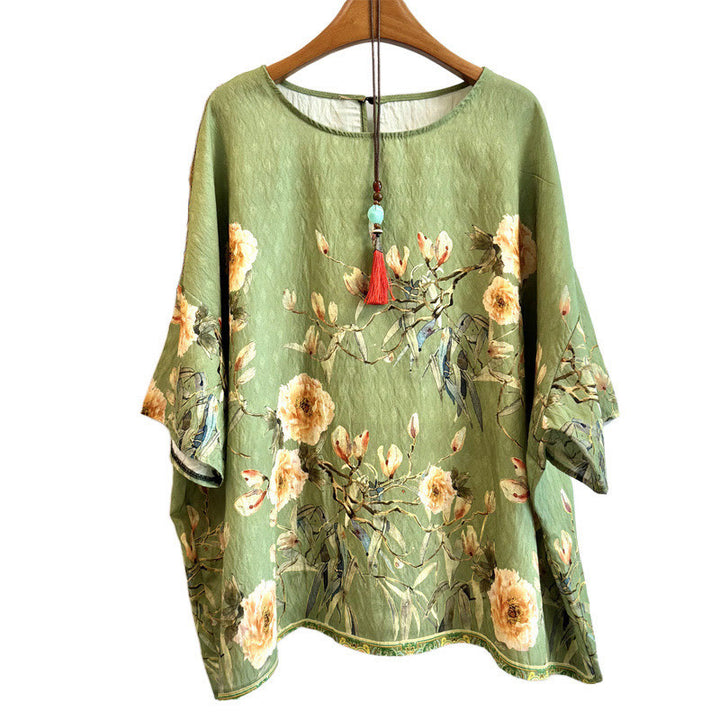 Buddha Stones Casual Loose Print Petals Women's Crew Neck Design Half Sleeve Polyester T-shirt - image 2