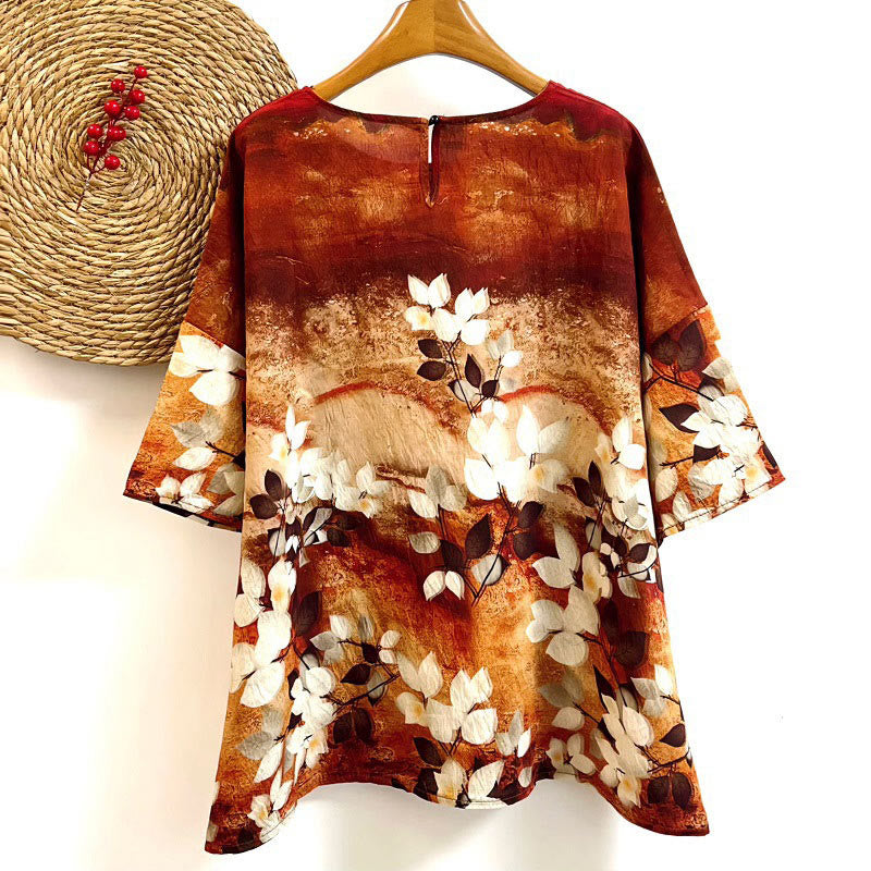 Buddha Stones Casual Printed Leaf Plants Women's Crew Neck Design Half Sleeve Polyester T-shirt - image 1