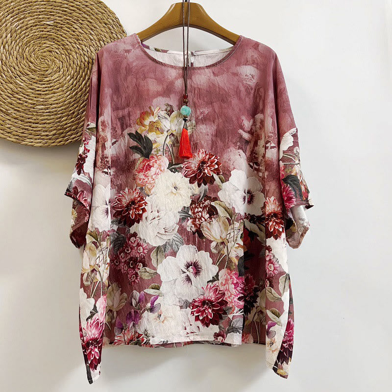 Buddha Stones Casual Printed Various Petals Dahlia Peony Women's Crew Neck Design Half Sleeve Polyester T-shirt - PaleVioletRed - US4-14,UK/AU8-18,EU36-46 (F) - image 0