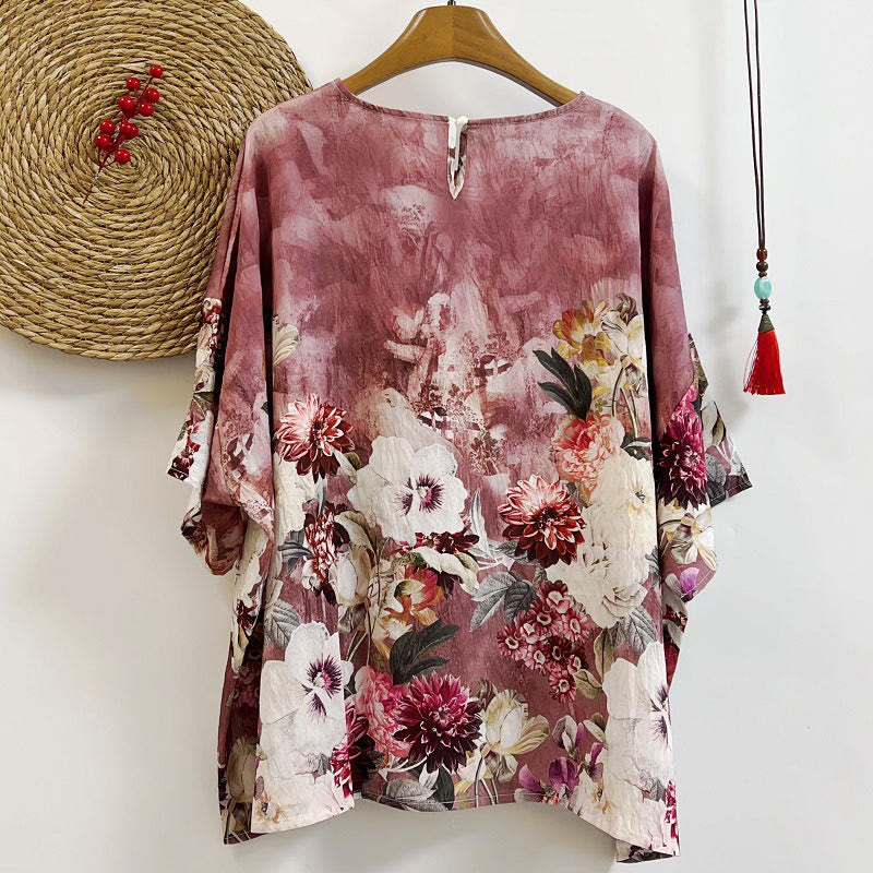 Buddha Stones Casual Printed Various Petals Dahlia Peony Women's Crew Neck Design Half Sleeve Polyester T-shirt - image 1