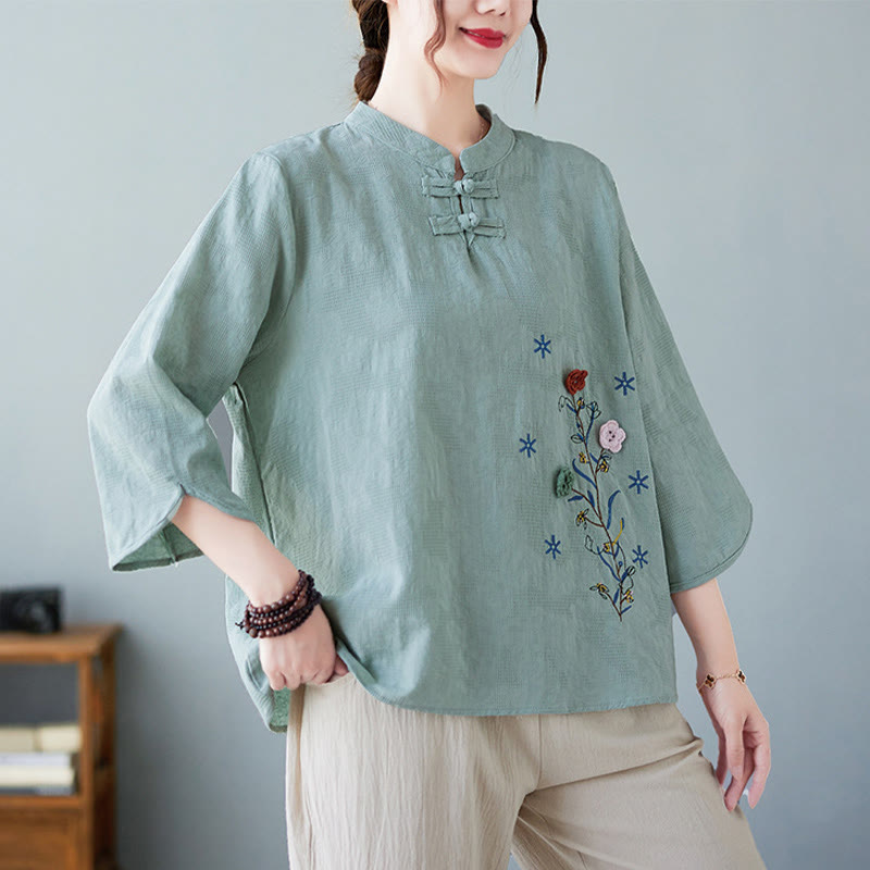 Buddha Stones Vintage Summer Stereoscopic Flower Embroidery Three Quarter Sleeve Frog-Button Cotton Linen Women's Shirt - MediumTurquoise - US12,UK/AU16,EU44 (3XL) - image 17