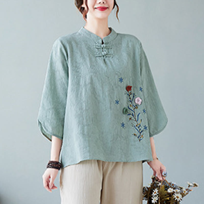 Buddha Stones Vintage Summer Stereoscopic Flower Embroidery Three Quarter Sleeve Frog-Button Cotton Linen Women's Shirt - image 18