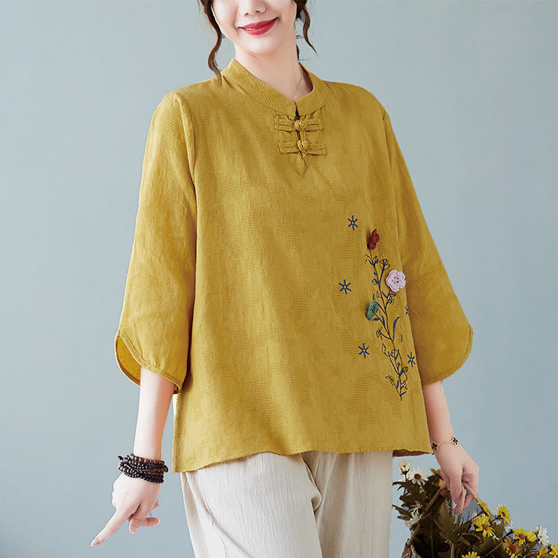 Buddha Stones Vintage Summer Stereoscopic Flower Embroidery Three Quarter Sleeve Frog-Button Cotton Linen Women's Shirt - Goldenrod - US12,UK/AU16,EU44 (3XL) - image 0