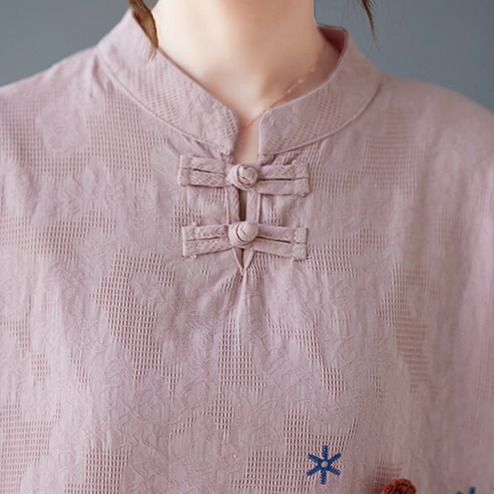 Buddha Stones Vintage Summer Stereoscopic Flower Embroidery Three Quarter Sleeve Frog-Button Cotton Linen Women's Shirt - image 9
