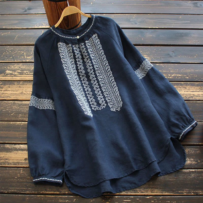 Buddha Stones Ethnic Embroidery Bohemian Pattern Long Sleeve Crew Neck Women's Shirt - Navy - US16,UK/AU20,EU48 (5XL) - image 7