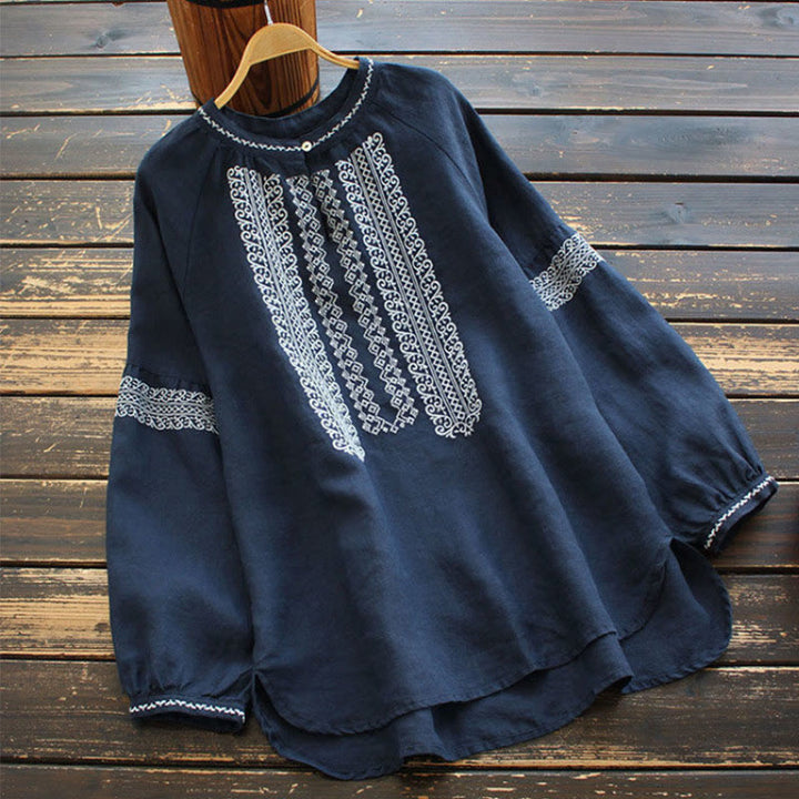 Buddha Stones Ethnic Embroidery Bohemian Pattern Long Sleeve Crew Neck Women's Shirt - Navy - US16,UK/AU20,EU48 (5XL) - image 7